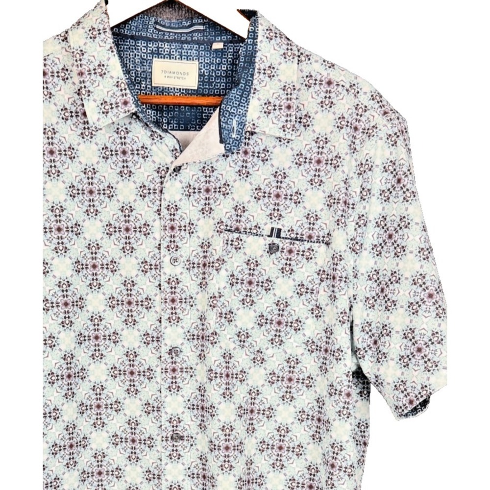 7 Diamonds 4 Way Stretch Button Up Shirt Short Sleeve Geometric Casual Mens XL